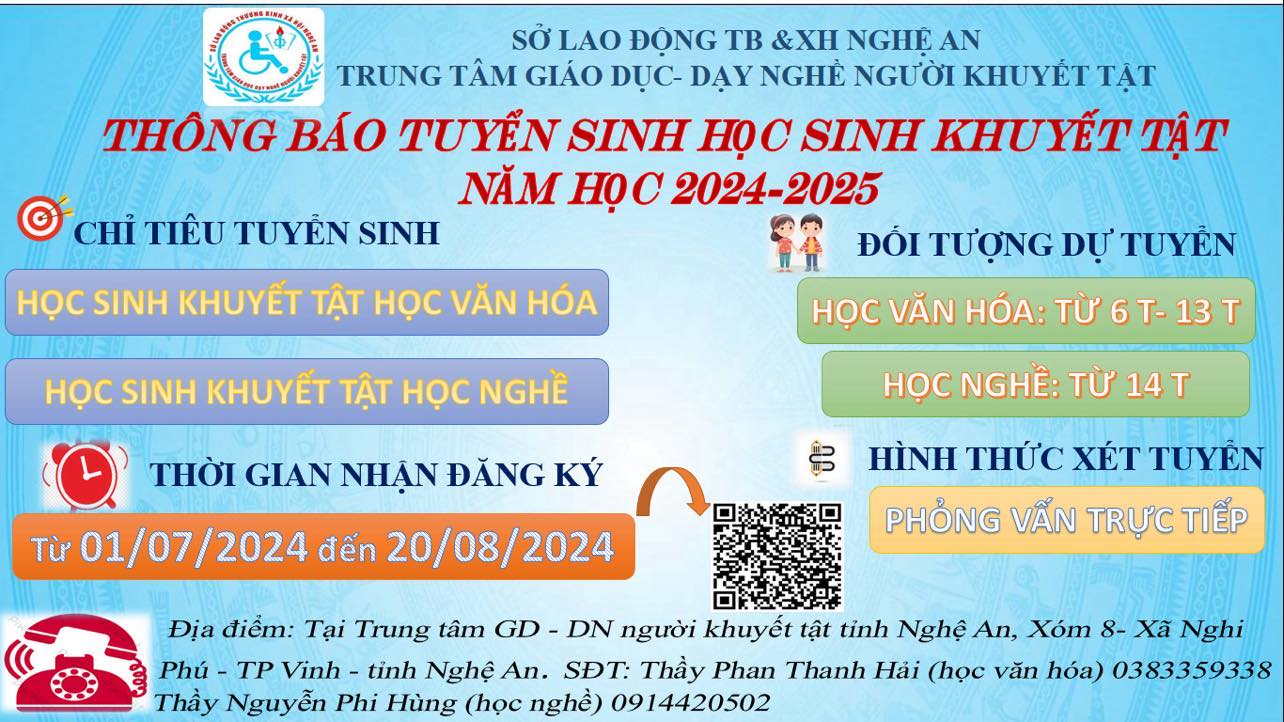 TRUNG TÂM GD-DN NGƯỜI KHUYẾT TẬT NGHỆ AN TUYỂN SINH NĂM HỌC 2024-2025