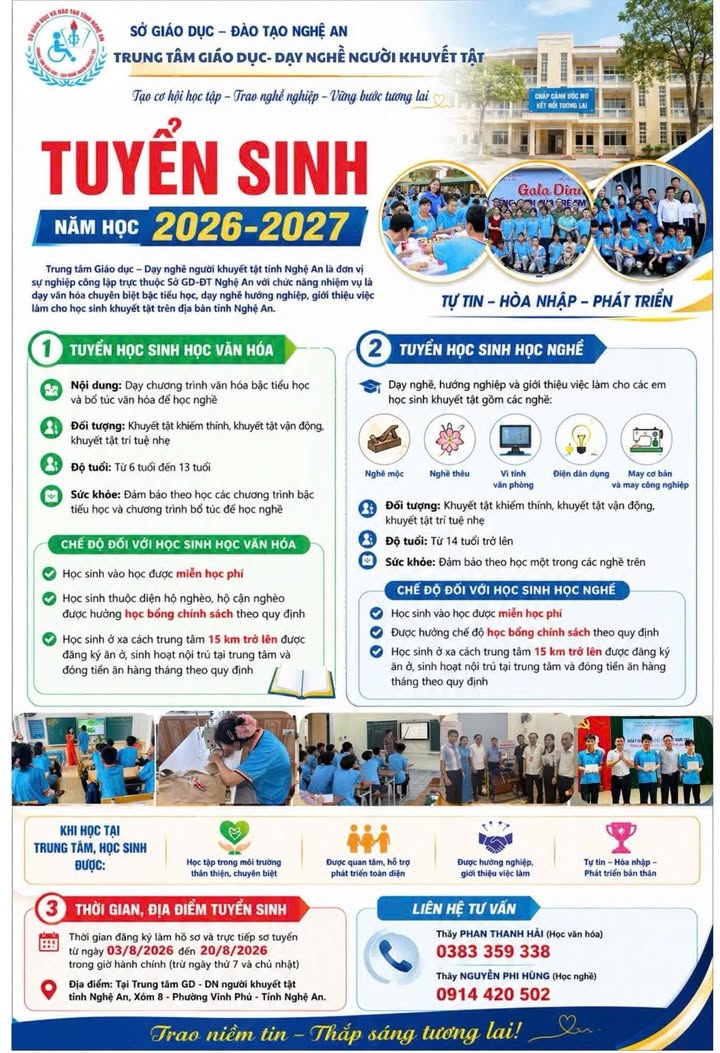 THÔNG TIN TUYỂN SINH NĂM HỌC 2026-2027 CỦA TRUNG TÂM GIÁO DỤC-DẠY NGHỀ NGƯỜI KHUYẾT TẬT NGHỆ AN